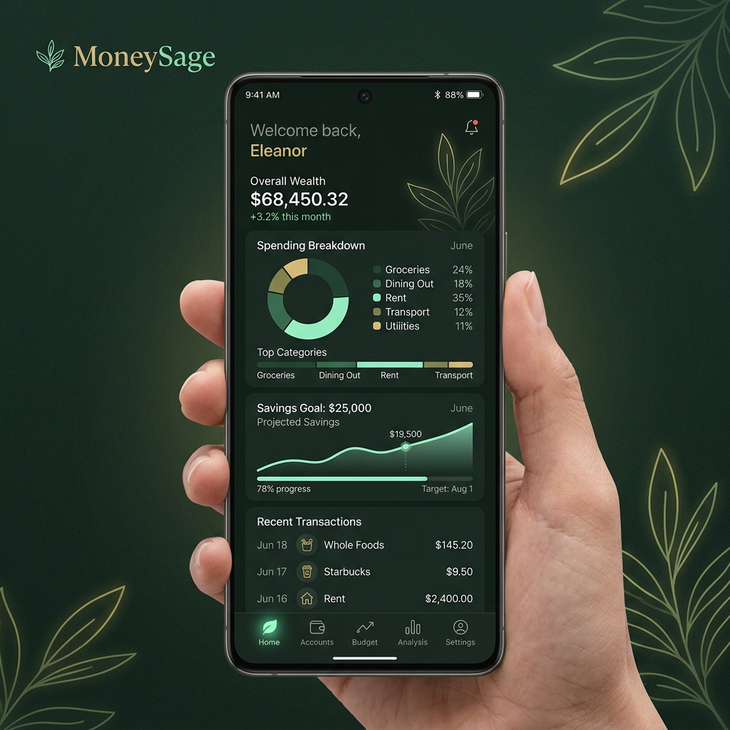 MoneySage app mockup showing clean, green-tech expense tracking layout