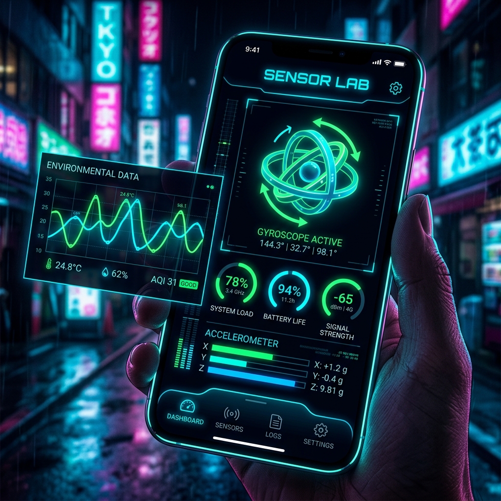 Sensor Lab app mockup showing cyberpunk real-time graph visualization