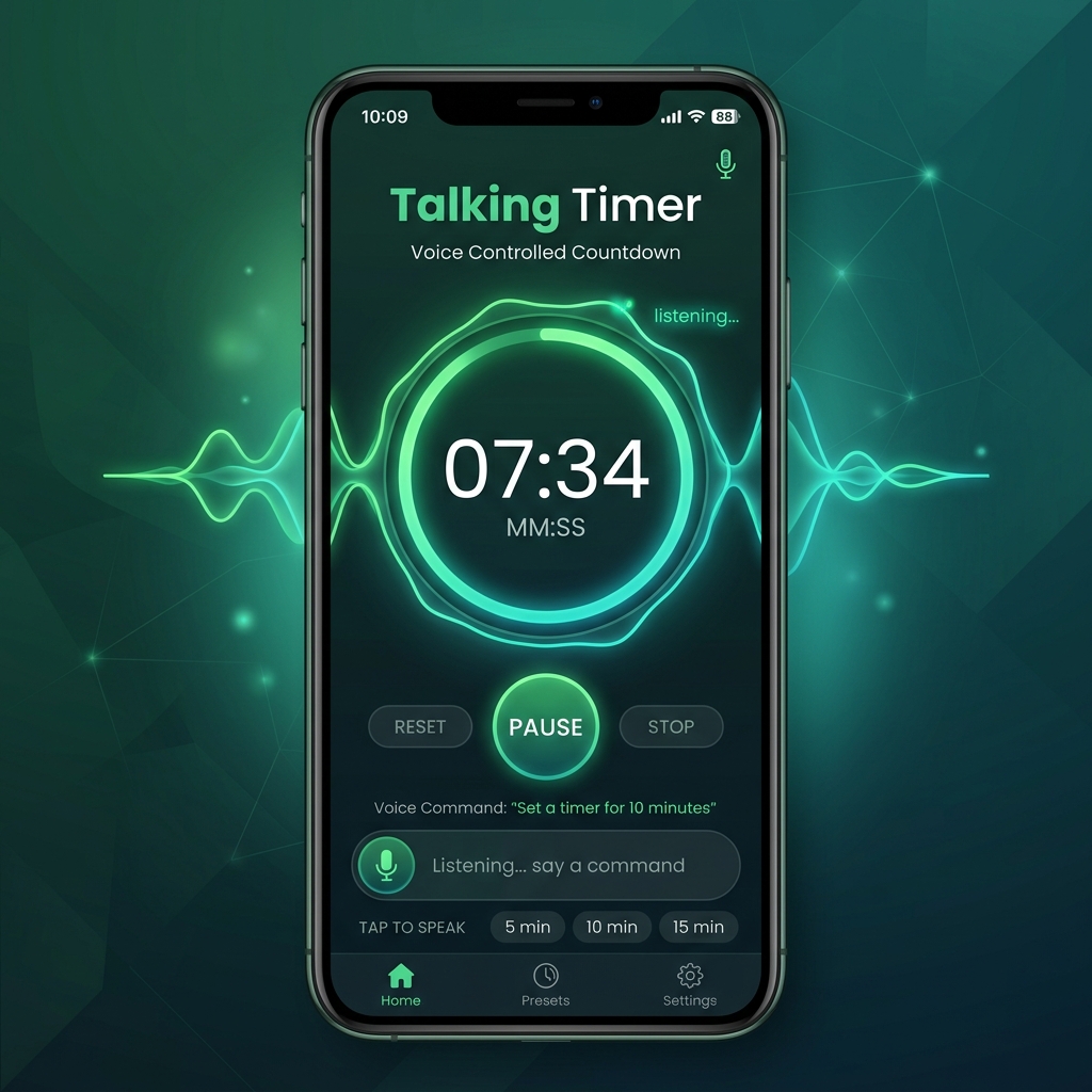 Talking Timer app interface showing audio waves around a digital stopwatch