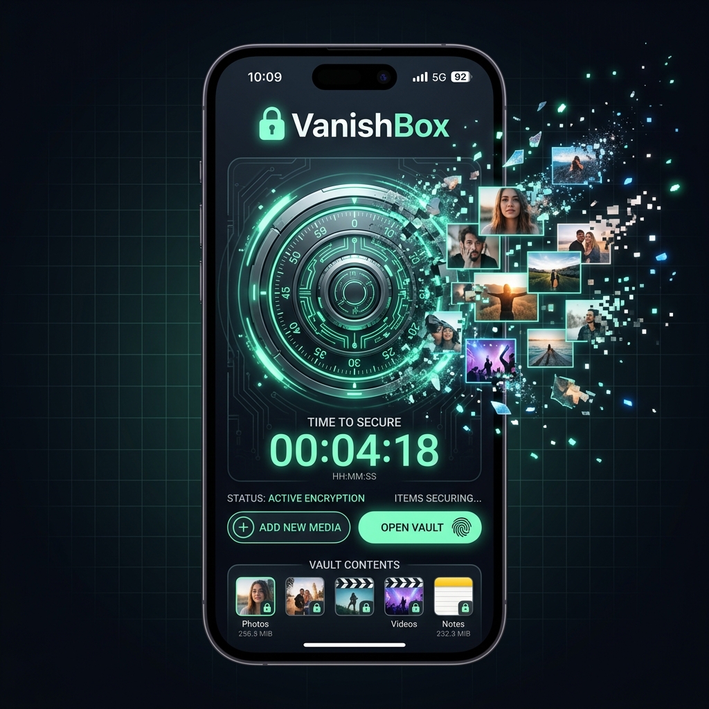 VanishBox application mockup showcasing a secure vault with decaying photo previews